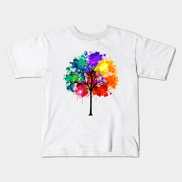 Abstract Multi Color Drawing Watercolor Tree Kids T-Shirt by Pixel4Art